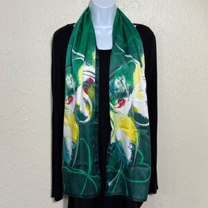 Meab Scarf Womens Green Watercolor Shamrock Print Satin 62x11 Kerry Ireland Gift